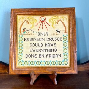 Vintage 1970's Handmade Cross Stitch Sampler Linen Framed Robinson Crusoe Friday